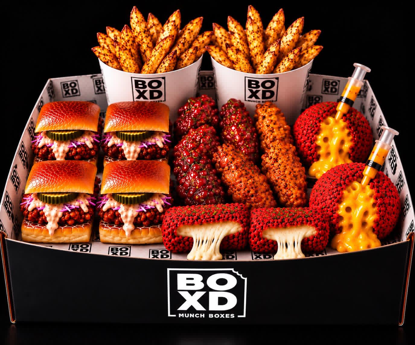 The Duo Box: four sliders, two portions of fries, wings, mac and cheese balls and mozzarella slabs