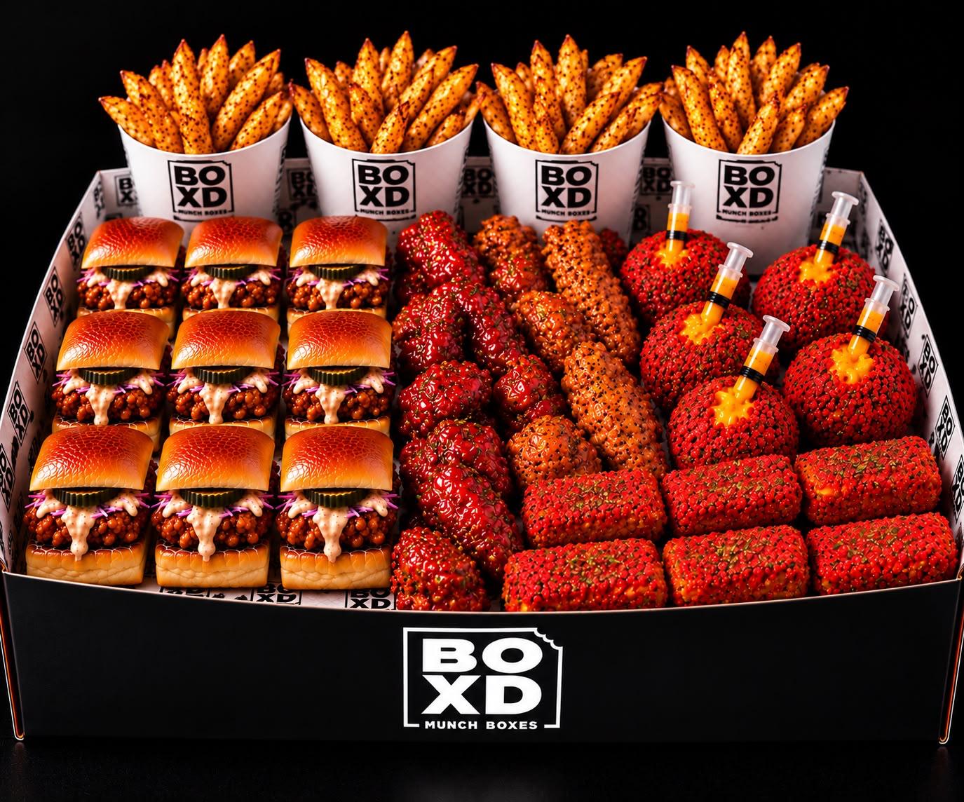 The Family Box: twelve sliders, four portions of fries, wings, mac and cheese balls and mozzarella slabs