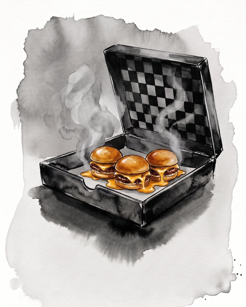 The box open, three sliders inside with cheese pouring over the edge